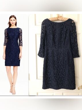 J. Crew Natalia Lace Sheath Dress V-Back 3/4 Sleeve Navy Blue Size 6P